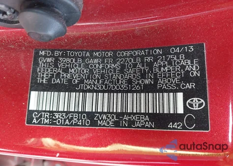 2013 Toyota Prius z USA, uszkodzony, nr VIN JTDKN3DU7D0351261